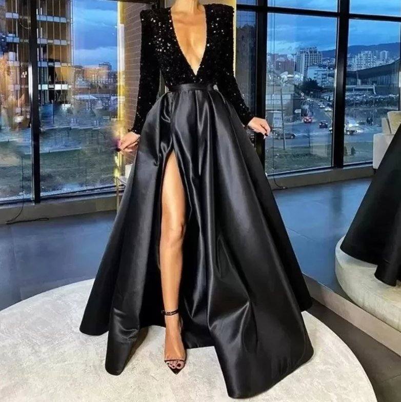 Red Evening Dresses A-line V-neck Long Sleeves Sequins Slit Long Turkey Dubai Saudi Arabic Evening Gown Prom Dresses - RongMoon