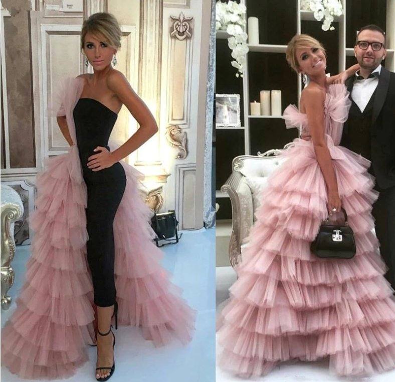Pink Muslim Evening Dresses A-line Tulle Tiered Elegant Islamic Dubai Saudi Arabic Long Formal Evening Gown - RongMoon