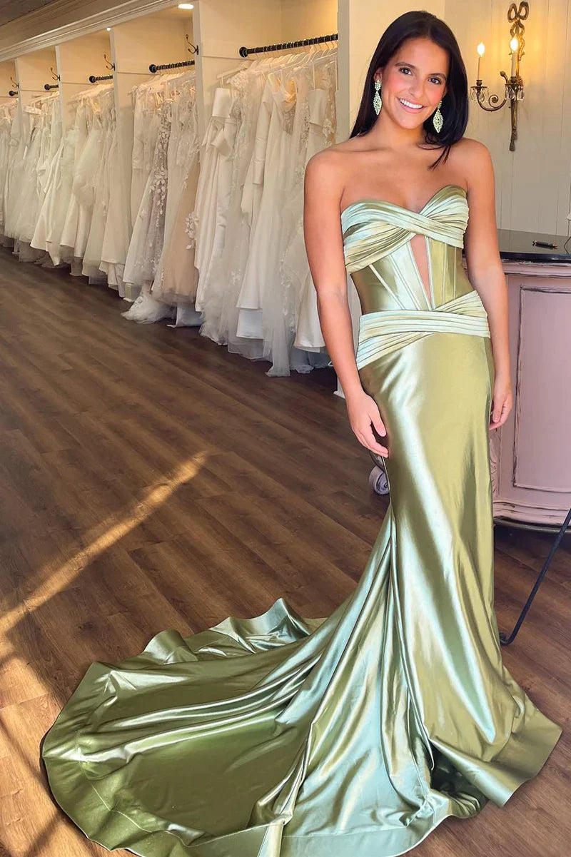 Olive Green Satin Sleek Keyhole Prom Dress