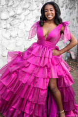 Tie Shoulder V Neck Tulle Pink Ruffles A Line Prom Dress