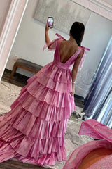 Tie Shoulder V Neck Tulle Pink Ruffles A Line Prom Dress