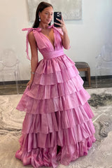 Tie Shoulder V Neck Tulle Pink Ruffles A Line Prom Dress