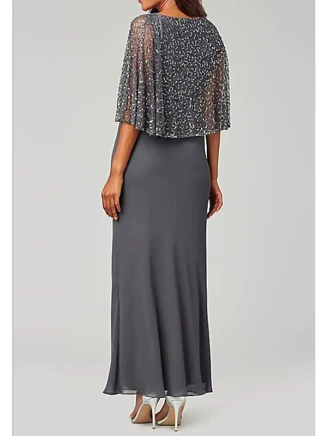 Sheath / Column Mother of the Bride Dress Elegant V Neck Floor Length Chiffon Long Sleeve with Beading Sequin - RongMoon