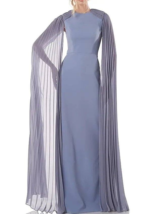 Sheath / Column Mother of the Bride Dress Elegant Jewel Neck Floor Length Chiffon Long Sleeve with Pleats - RongMoon