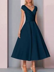 A-Line Mother of the Bride Dress Elegant V Neck Tea Length Charmeuse Sleeveless - RongMoon