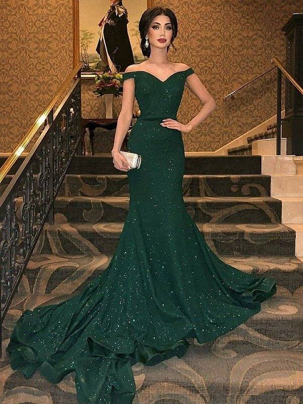 Trumpet/Mermaid Sleeveless Off-the-Shoulder Sweep/Brush Train Ruffles Sequins Dresses - RongMoon