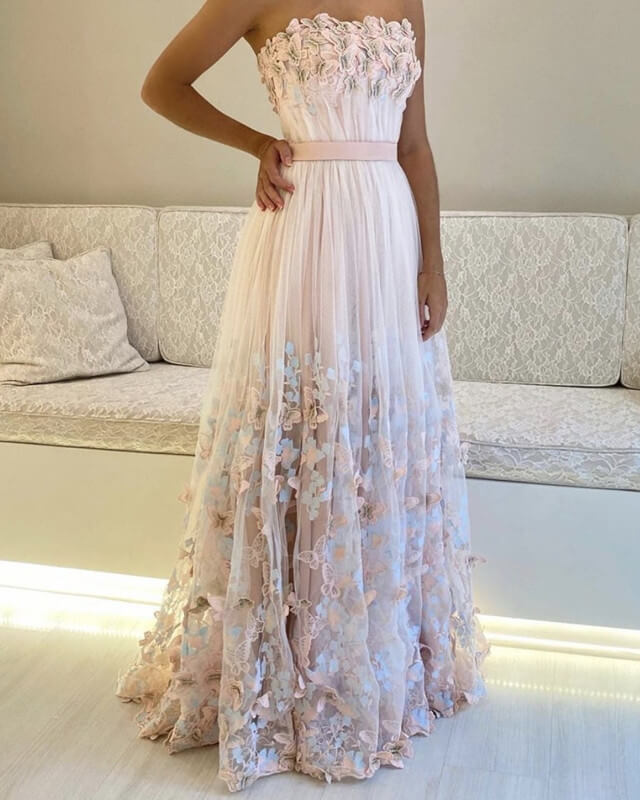Tulle Strapless Dress With Butterfly Lace