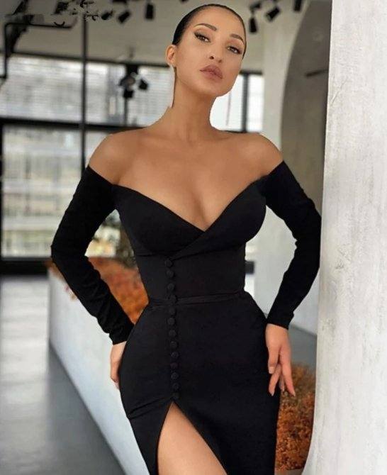 Black Mermaid Prom Dresses V-Neck Spandex Satin Side Slit Long Sleeves Evening Dresses With Zippe - RongMoon