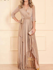 Sheath / Column Sparkle Elegant Engagement Formal Evening Dress V Neck 3/4 Length Sleeve Asymmetrical Satin with Sash / Ribbon - RongMoon