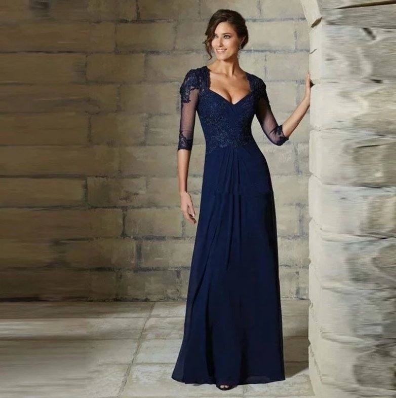 Champagne Mother Of The Bride Dresses A-line V-neck 3/4 Sleeves Chiffon Appliques Beaded Long Groom Mother Dresses For Wedding - RongMoon