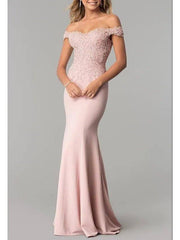 Mermaid / Trumpet Elegant Prom Formal Evening Dress Off Shoulder Short Sleeve Sweep / Brush Train Stretch Satin with Appliques - RongMoon
