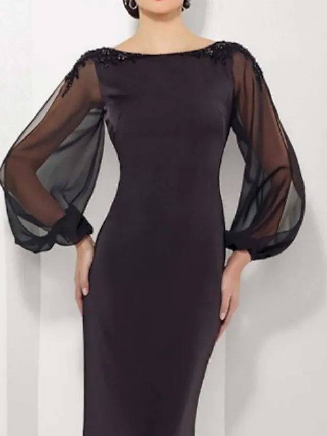 Mermaid / Trumpet Mother of the Bride Dress Elegant Jewel Neck Floor Length Satin Tulle Long Sleeve with Appliques - RongMoon