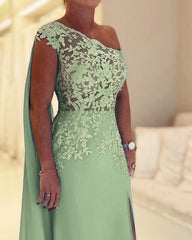 Sage Chiffon One Shoulder Lace Appliques Slit Dress