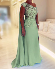 Sage Chiffon One Shoulder Lace Appliques Slit Dress