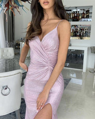 Glitter Mermaid Prom Dresses V Neck Side Split