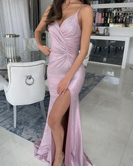 Glitter Mermaid Prom Dresses V Neck Side Split