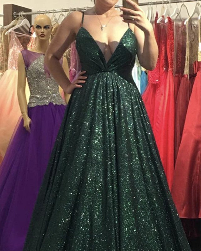Glitter Prom Dresses V Neck Empire Ball Gowns