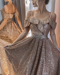 Gold Shoulder Glitter Dresses For Prom Evening
