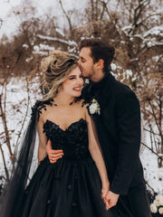 3D Flowers Tulle Ball Gown Black Gothic Wedding Dress