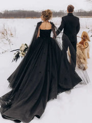 3D Flowers Tulle Ball Gown Black Gothic Wedding Dress