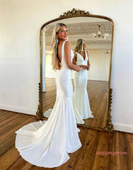Mermaid  V Neck Beadign White Long Prom Dress