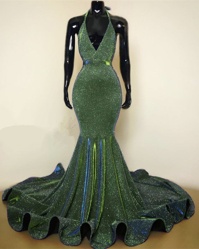 Sparkly Mermaid Halter Ruffles Prom Dresses