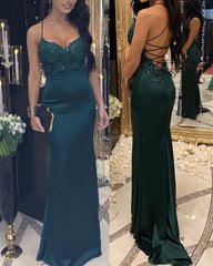 Open Back Satin Mermaid Prom Dresses Lace Appliques