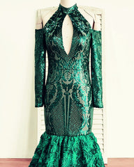 Green Rosette Sequin Mermaid Prom Dresses Cold Shoulder