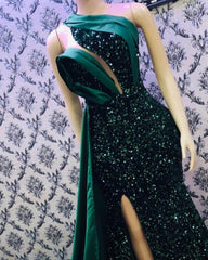 Green Satin And Sequin Prom Dresses Mermaid