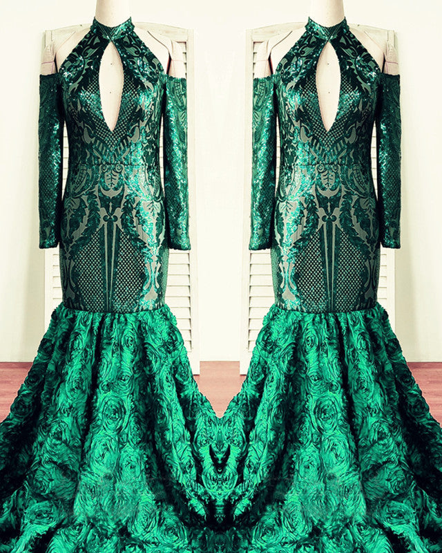 Green Rosette Sequin Mermaid Prom Dresses Cold Shoulder