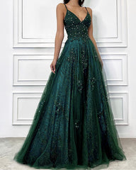 Green Tulle V Neck Open Back Long Prom Dresses