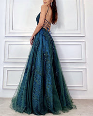 Green Tulle V Neck Open Back Long Prom Dresses