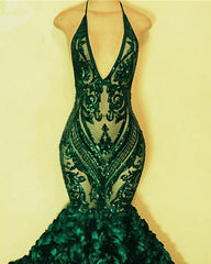 Green Sequinned Lace Rosette Mermaid Dresses