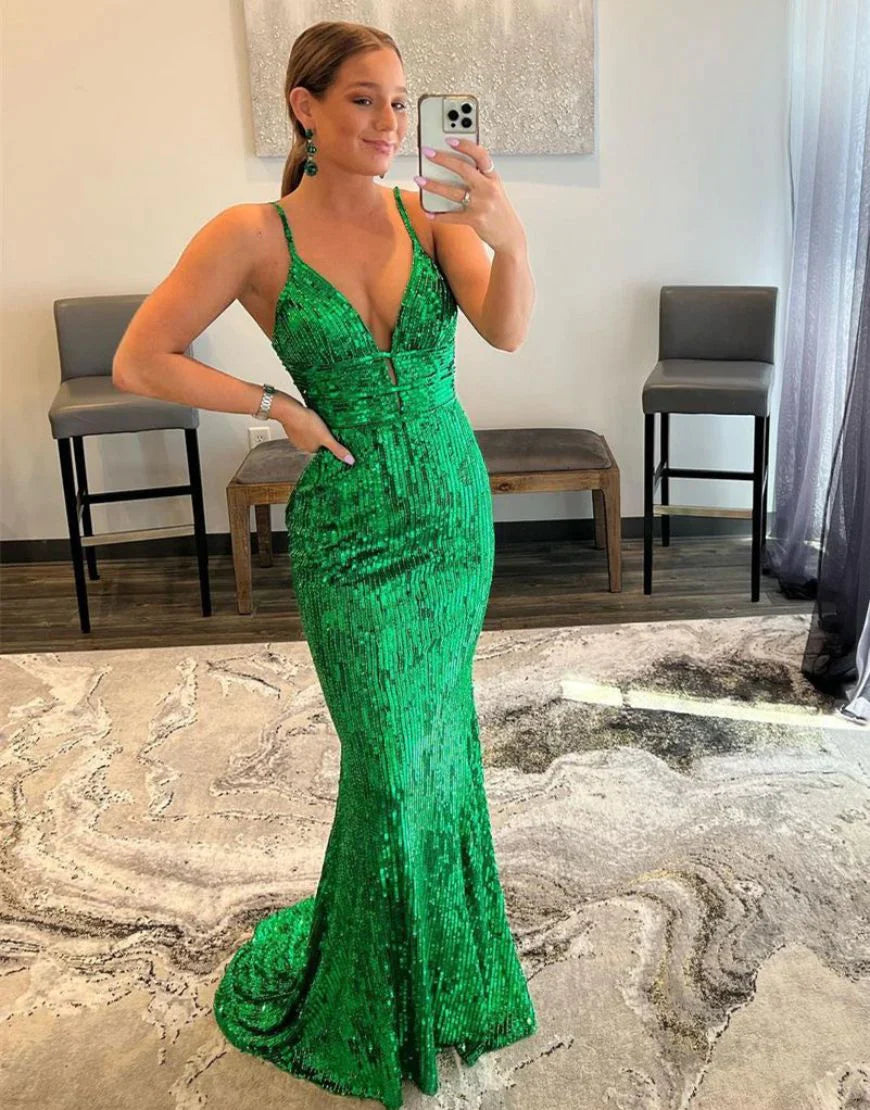 Mermaid Spaghetti straps Green Sequin Prom Dress