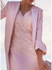 Two Piece Mother of the Bride Dress Elegant V Neck Knee Length Lace Satin 3/4 Length Sleeve with Embroidery - RongMoon