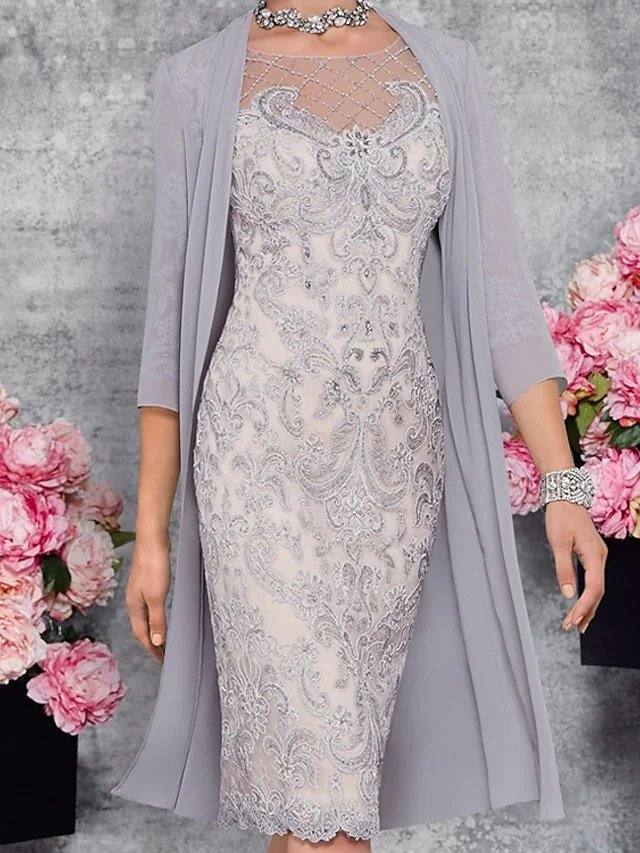 Mother of the Bride Dress Elegant Illusion Neck Knee Length Lace - RongMoon