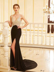 Sheath/Column V-neck Beading Sleeveless Sweep/Brush Train Spandex Dresses - RongMoon