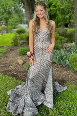 Hot Pink V Neck Sequin Trumpet Mermaid Prom Dress