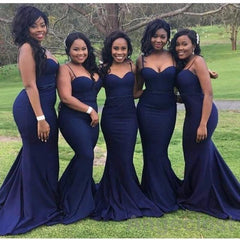 Navy Blue Satin Curved Sweetheart Mermaid Bridesmaid Dresses Spaghetti Straps