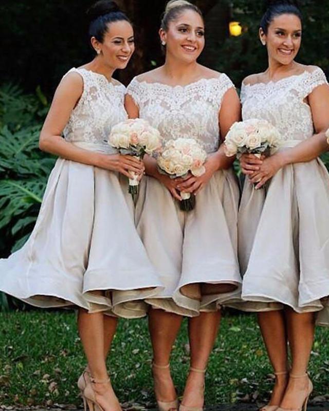 Vintage Lace Appliques Off The Shoulder Tea Length Bridesmaid Dresses