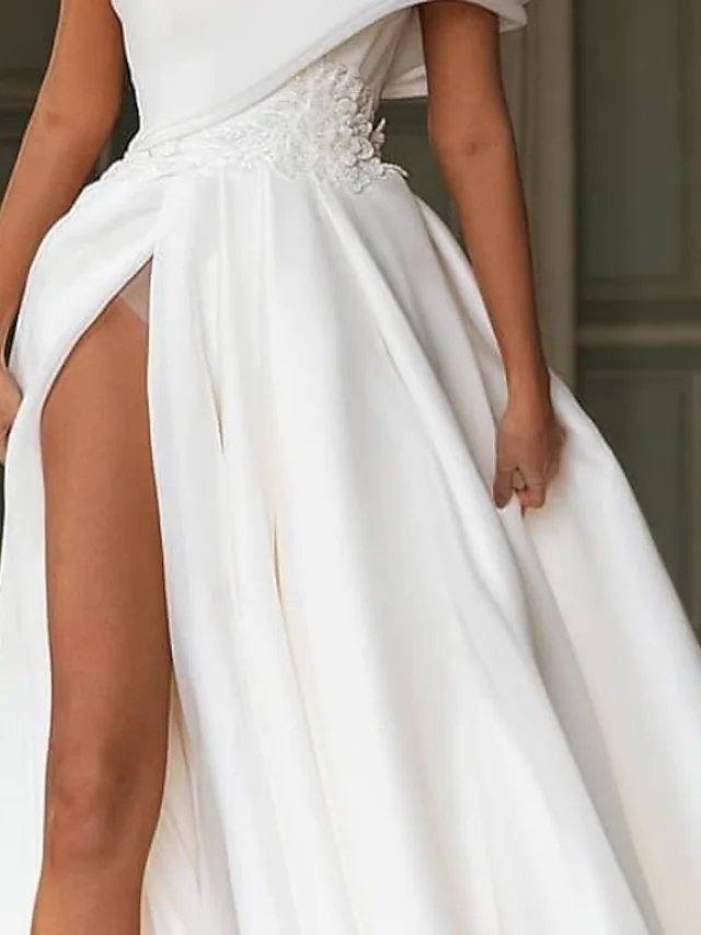 A-Line Wedding Dresses One Shoulder Sweep / Brush Train Chiffon Over Satin Short Sleeve Simple Modern with Split Front - RongMoon