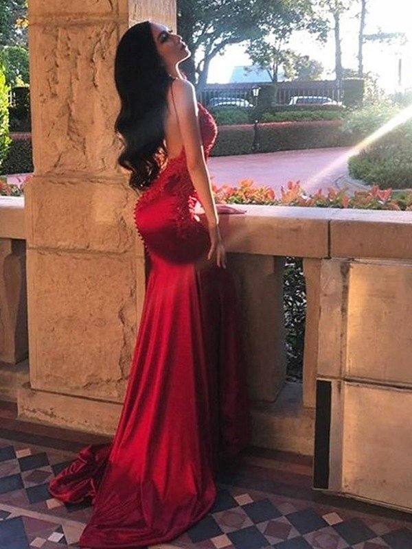 Sheath/Column Sleeveless Spaghetti Straps Sweep/Brush Train Applique Silk like Satin Dresses - RongMoon