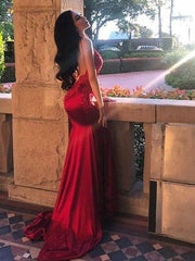 Sheath/Column Sleeveless Spaghetti Straps Sweep/Brush Train Applique Silk like Satin Dresses - RongMoon
