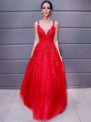 A-Line/Princess Tulle V-neck Floor-Length Applique Sleeveless Dresses - RongMoon