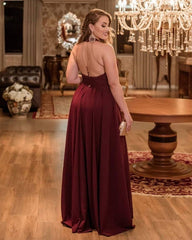 Chiffon Halter Bridesmaid Dresses Leg Split