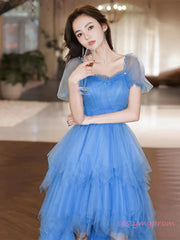 High Low Short Sleeve Ruffles Blue Tulle Prom Dress