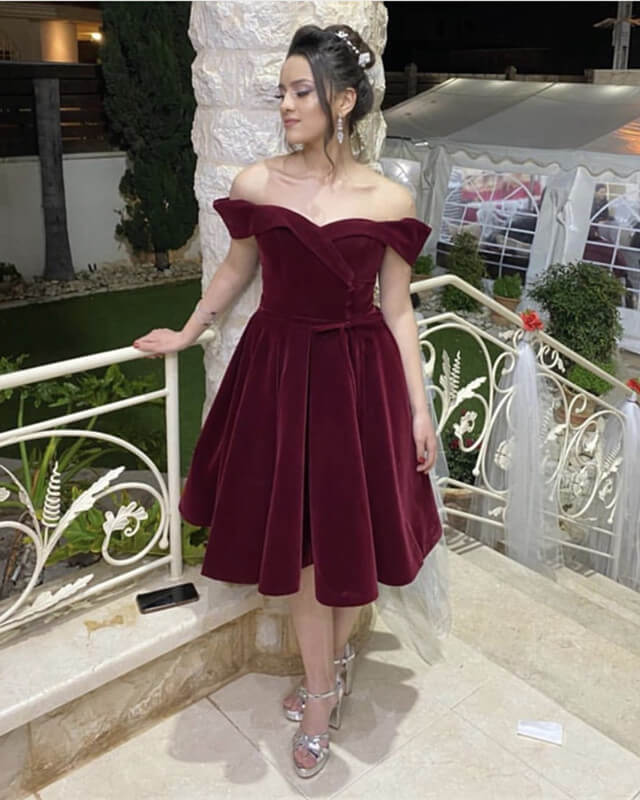 Burgundy Velvet Off The Shoulder Homecoming Dress