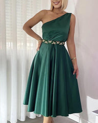 Green One Shoulder Satin Knee Length Homecoming Dress