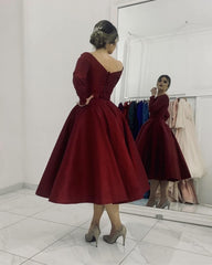 Maroon Satin Long Sleeve Party Dress With Pockets