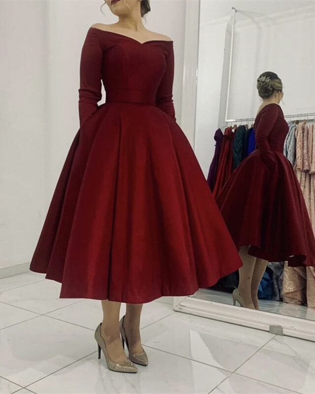 Maroon Satin Long Sleeve Party Dress With Pockets